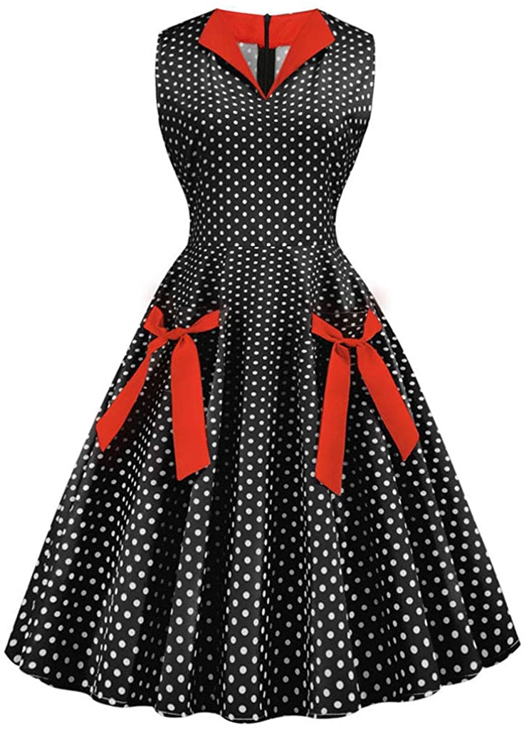 Price:$6.77    Chrismas Dress, Manweidianzi Women's Polka Dot Retro Vintage Style Cocktail Party Swing Dresses Black  Clothing