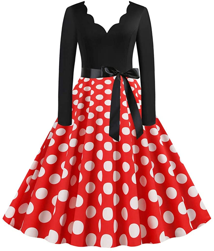 Price:$6.46    Chrismas Dress, Manweidianzi Women's Vintage 1950s Retro Rockabilly Swing Dress Cocktail Dress with Bow Belt  Clothing