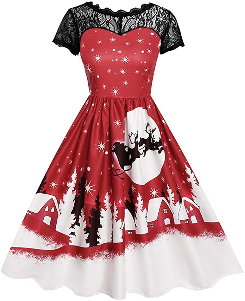 Price:$5.69 Womens Vintage Short Sleeve Print Christmas Party Swing Lace Dress at Amazon Women’s Clothing store