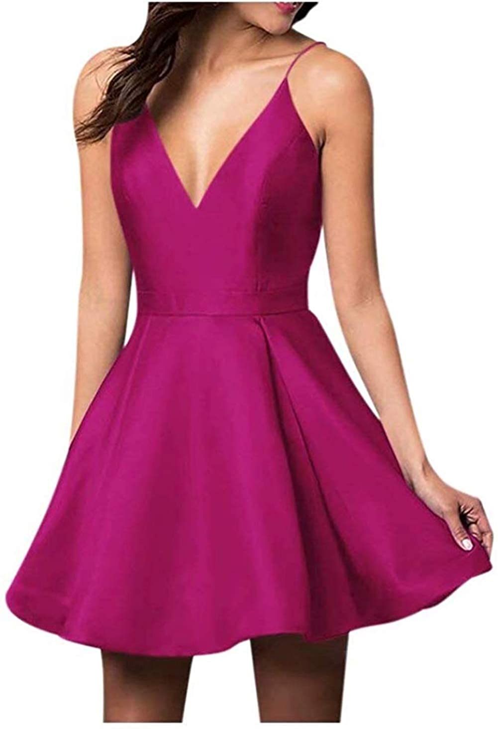Price:$69.99    Ailidaw Women's Spaghetti Straps Homecoming Dresses Short Satin V-Neck Prom Dress with Pockets Fuchsia  Clothing