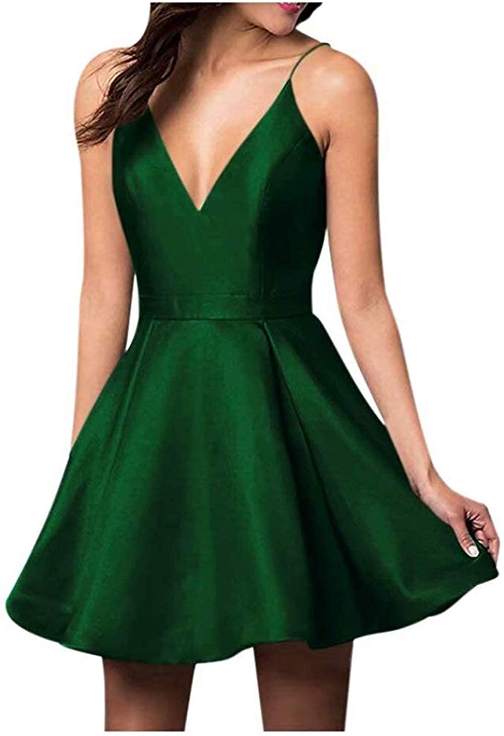 Price:$69.99    Ailidaw Women's Spaghetti Straps Homecoming Dresses Short Satin V-Neck Prom Dress with Pockets Green  Clothing