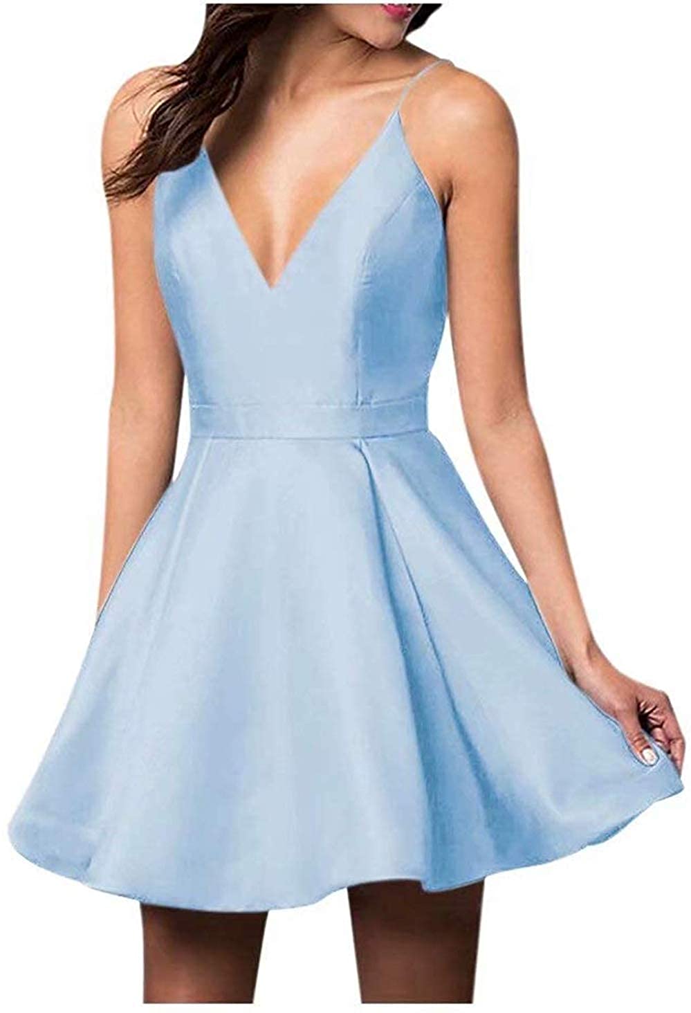 Price:$59.99    Ailidaw Women's Spaghetti Straps Homecoming Dresses Short Satin V-Neck Prom Dress with Pockets Light Blue  Clothing