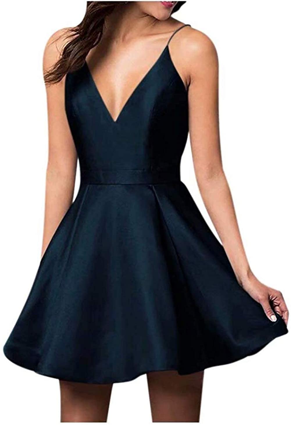 Price:$69.99    Ailidaw Women's Spaghetti Straps Homecoming Dresses Short Satin V-Neck Prom Dress with Pockets Navy Blue  Clothing