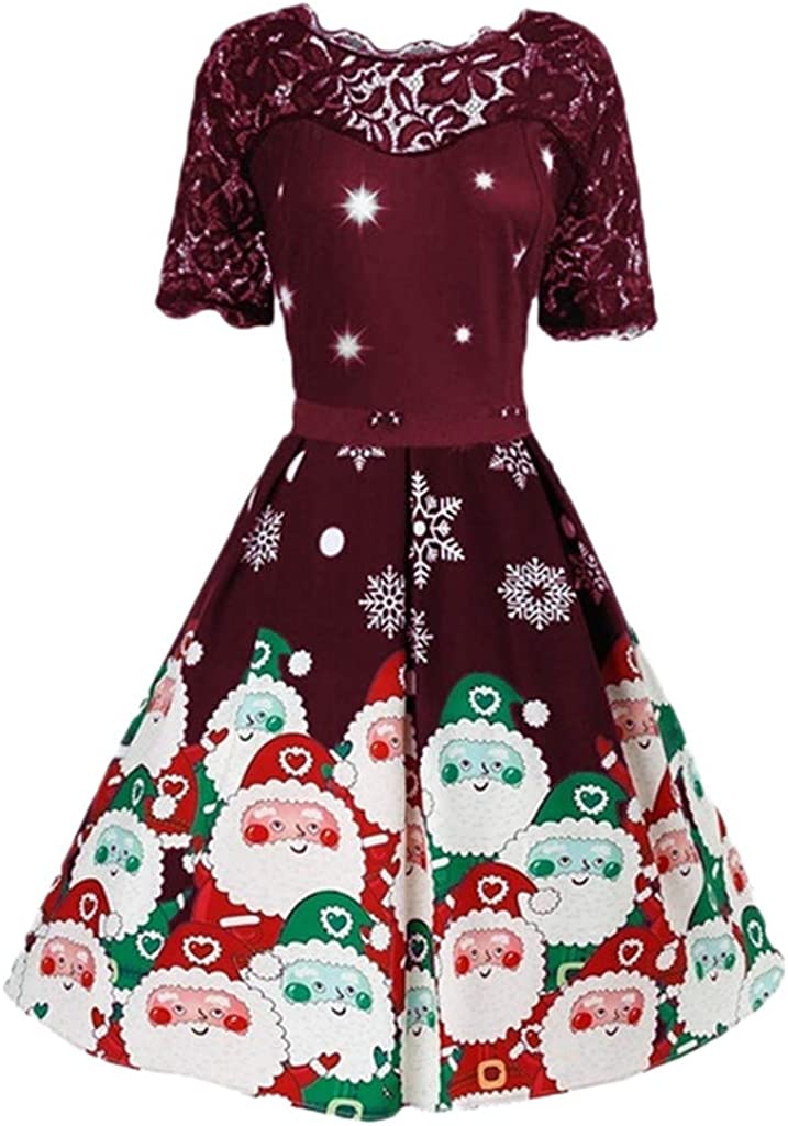 Price:$6.17    Hengshikeji Women Christmas Santa Claus Swing Dresses Short Sleeve Lace Patchwork Vintage 1950s Gown Evening Party Dress  Clothing
