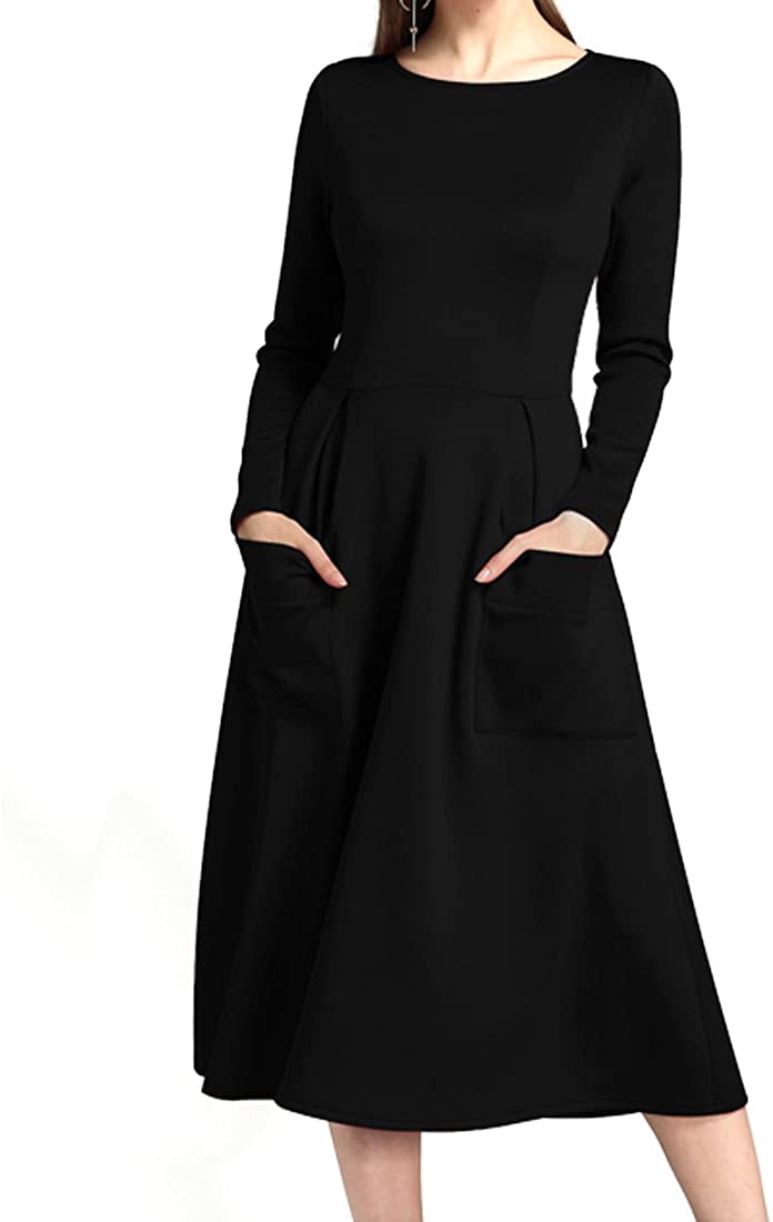 Price:$27.78 Abiliyy Women's Long Sleeve Round Neck Mini Dresses Solid Swing Dresses with Pockets Loose Dress at Amazon Women’s Clothing store