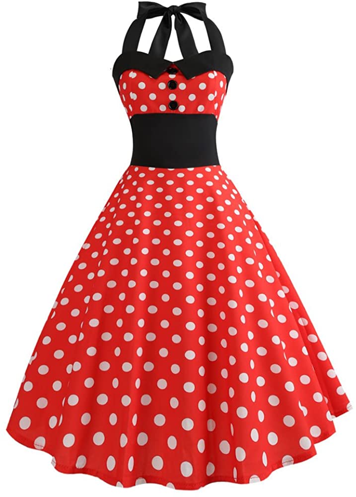 Price:$8.62    Women's Vintage Polka Dot Halter Dress 1950s Floral Sping Retro Rockabilly Cocktail Swing Tea Dresses  Clothing