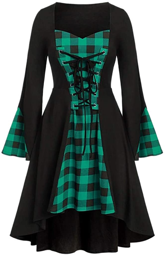 Price:$11.88    Oldlover✚Plaid Dress for Women Plus Size Women's Lace Up Checkered Vintage Pleated Cocktail Party Dress Halloween  Clothing