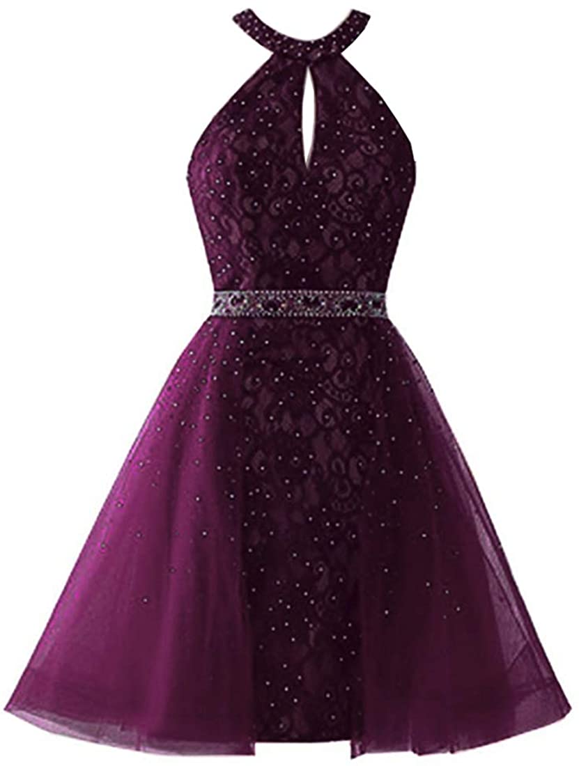 Price:$89.98    Halter Homecoming Dresses Short Beaded Lace Backless Prom Party Gowns for Juniors Plum Size 20  Clothing