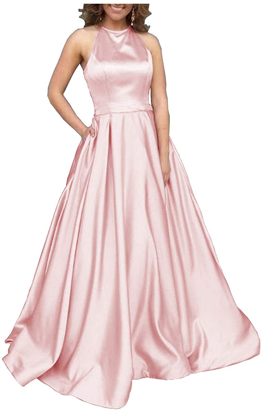 Price:$99.99    Women's Halter Backless Satin Evening Prom Dress Long A-line Party Gown with Pockets Size 4 Blush Pink  Clothing