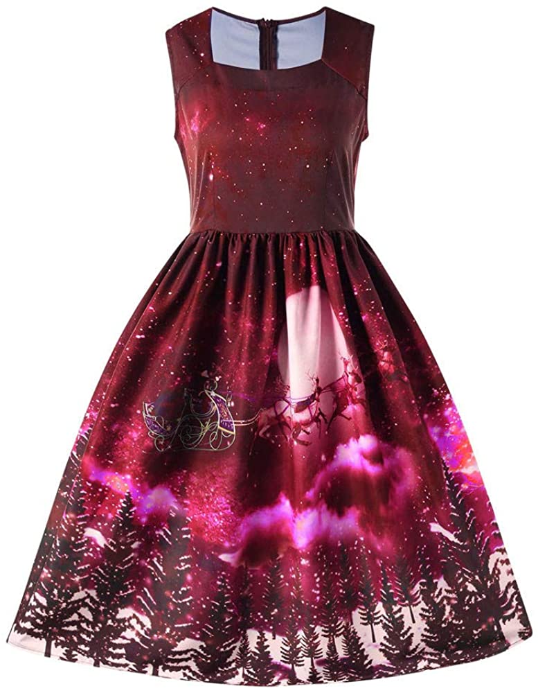 Price:$1.83 COOKI Women's Christmas Dresses Vintage Elk Snow Trees Print Sleeveless Square Collar Cocktail A-Line Xmas Party Swing Dress at Amazon Women’s Clothing store