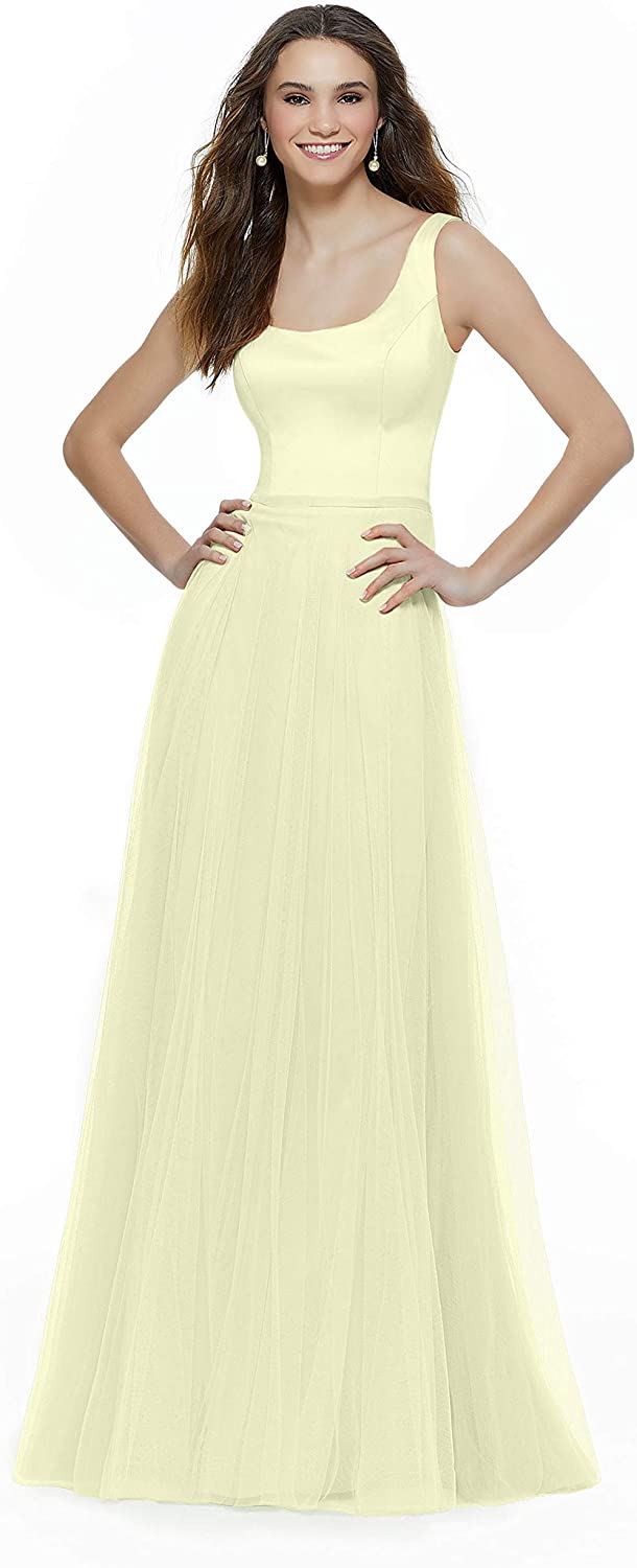 Price:$79.00    Women's A Line Satin Long Tulle Prom Dresses Backless Bridesmaid Dress  Clothing