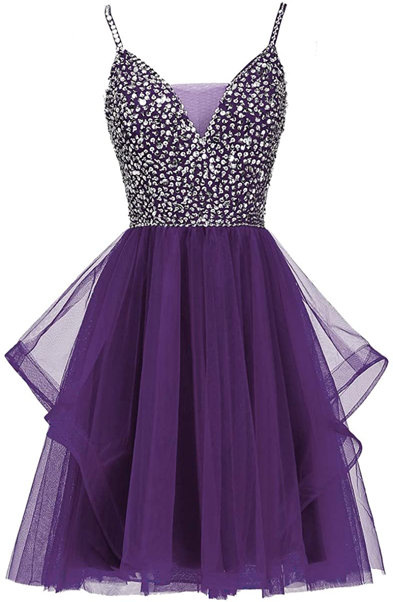 Price:$0.00    HDSLP Mini V-Neck Tulle Homecoming Dresses Short Beading Prom Cocktail Gown Lace Up HD012  Clothing