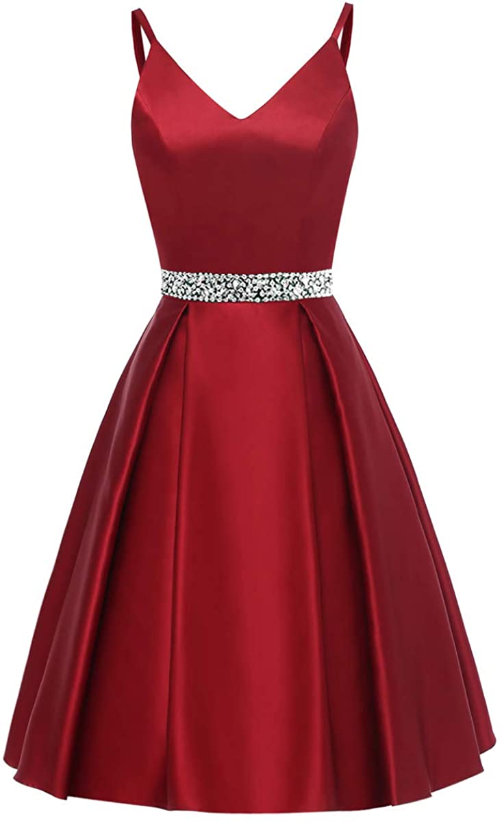 Price:$0.00    HDSLP Mini V-Neck Homecoming Dresses Satin Short Prom Party Gown with Pockets Burgundy 8  Clothing