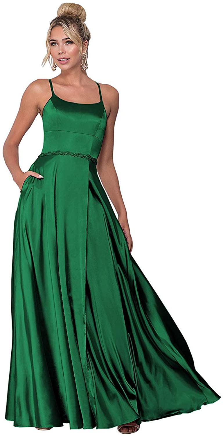 Price:$69.99    Women's Beaded Halter Satin Prom Dress Long Evening Party Gown with Pockets Emerald US 12  Clothing