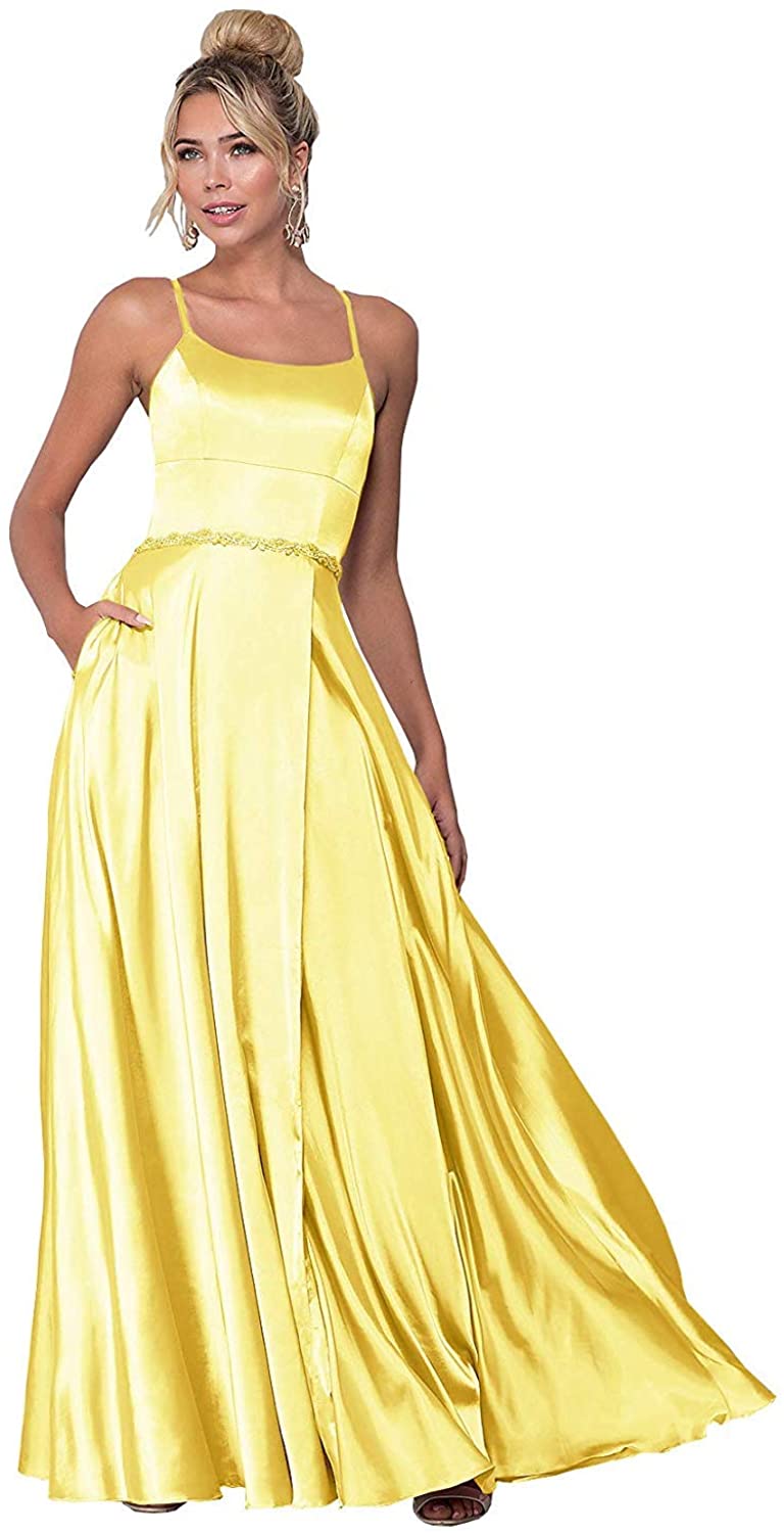 Price:$69.99    Women's Beaded Halter Satin Prom Dress Long Evening Party Gown with Pockets Yellow US 10  Clothing