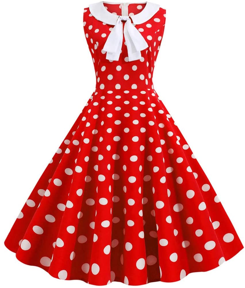 Price:$12.90    Iusun Women's Vintage 1950s A-line Dress Retro Sleeveless Lapel Dot Party Swing Rockabilly Prom Cocktail Hepburn Tea Flare Skirt  Clothing