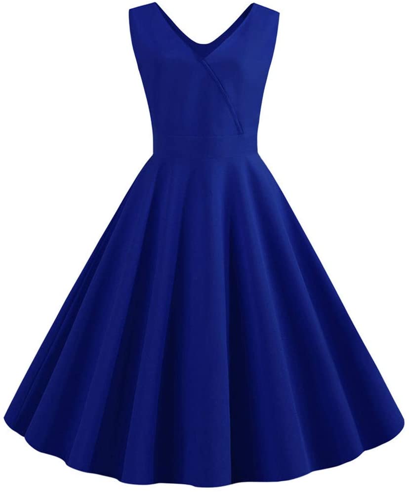 Price:$11.53    Iusun Women's Vintage 1950s Flare Dress Elegent A-line V-Neck Sleeveless Party Swing Rockabilly Prom Cocktail Hepburn Tea Skirt  Clothing