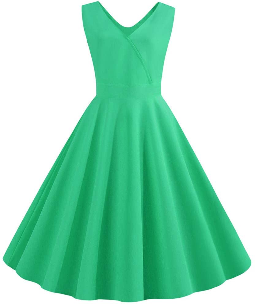Price:$11.53    Iusun Women's Vintage 1950s Flare Dress Elegent A-line V-Neck Sleeveless Party Swing Rockabilly Prom Cocktail Hepburn Tea Skirt  Clothing
