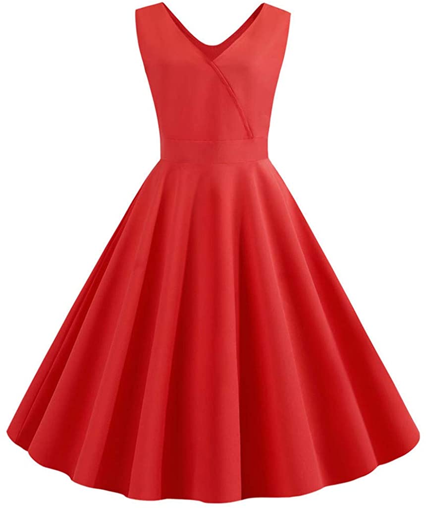 Price:$10.84    Iusun Women's Vintage 1950s Flare Dress Elegent A-line V-Neck Sleeveless Party Swing Rockabilly Prom Cocktail Hepburn Tea Skirt  Clothing