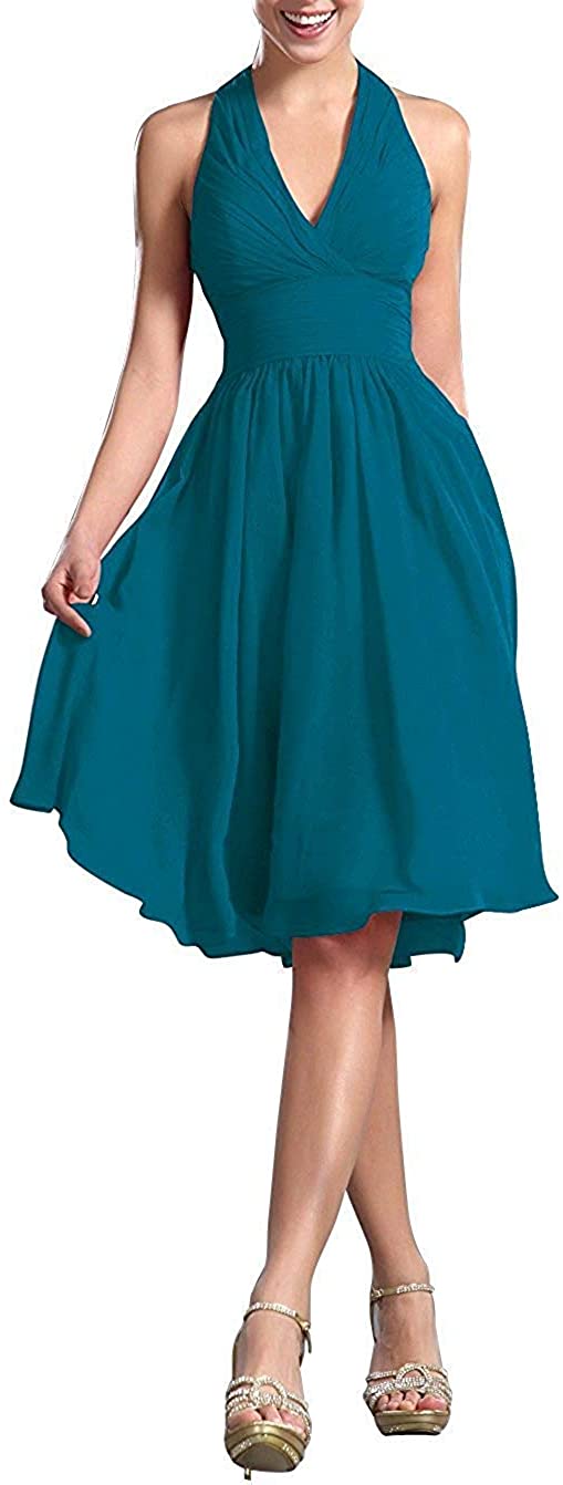 Price:$54.99    Zaozc Women's Halter Chiffon V-Neck Homecoming Dresses Short A-Line Prom Bridesmaid Gowns  Clothing