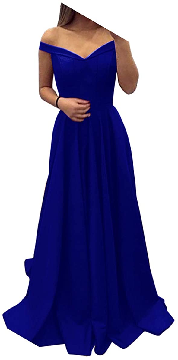 Price:$0.00    Sunfay Off The Shoulder A-Line Floor Length Satin Evening Prom Dress Lady Gown Dress Royal Blue 2  Clothing