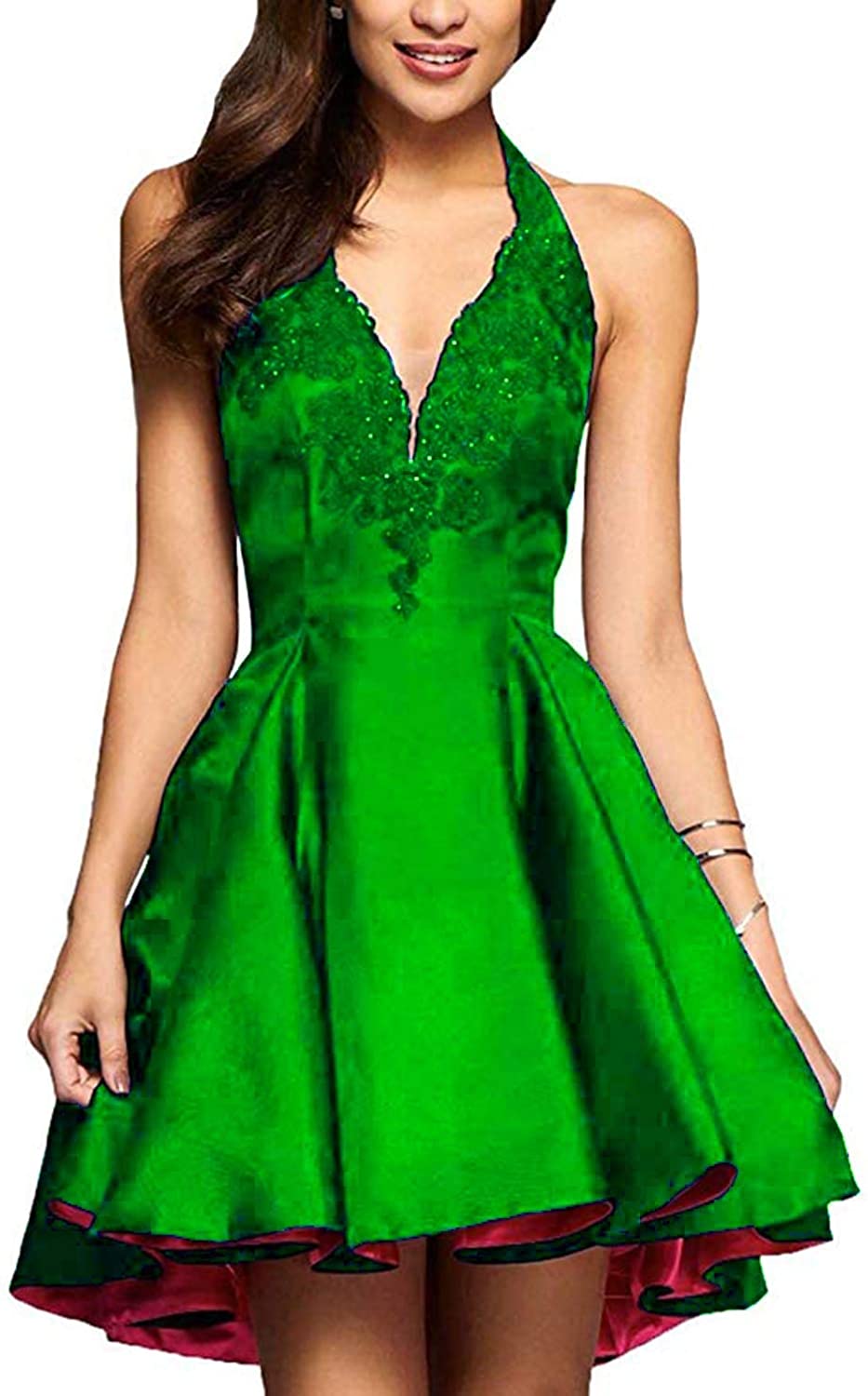 Price:$61.90    TTYbridal Halter Homecoming Dresses Short V-Neck Appliqued Prom Party Dresses HD12 Bright Green 10  Clothing