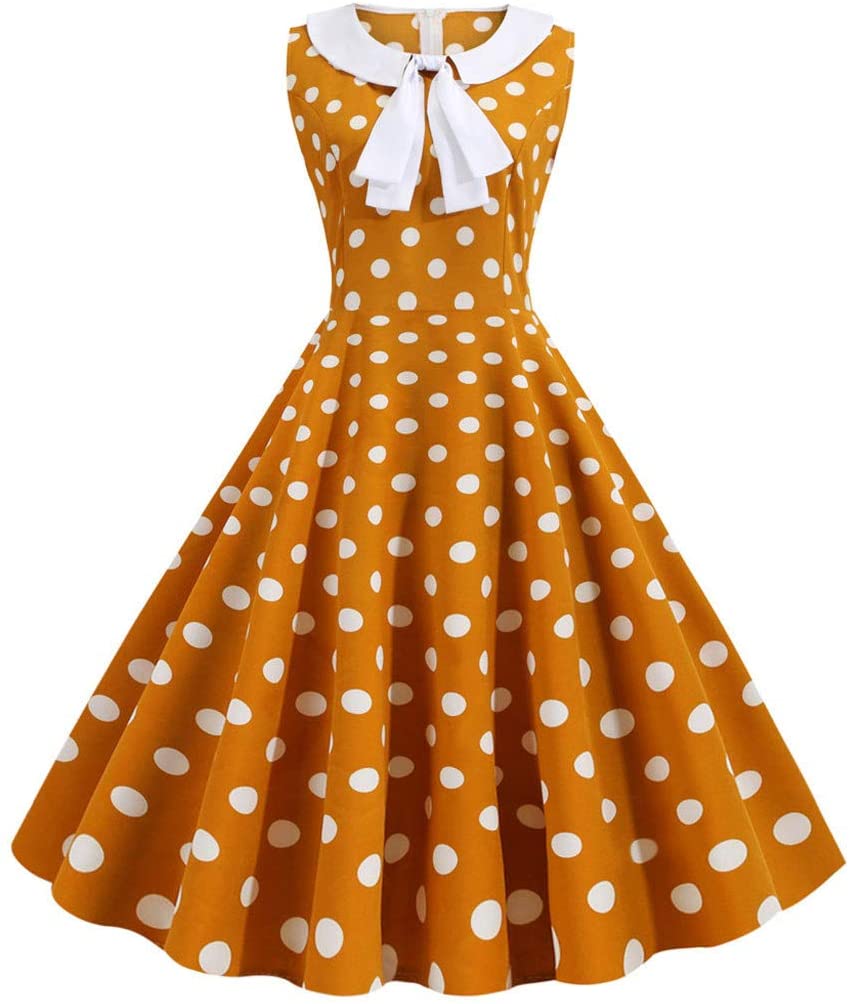 Price:$13.08    Iusun Women's Vintage 1950s A-line Dress Retro Sleeveless Lapel Dot Party Swing Rockabilly Prom Cocktail Hepburn Tea Flare Skirt  Clothing