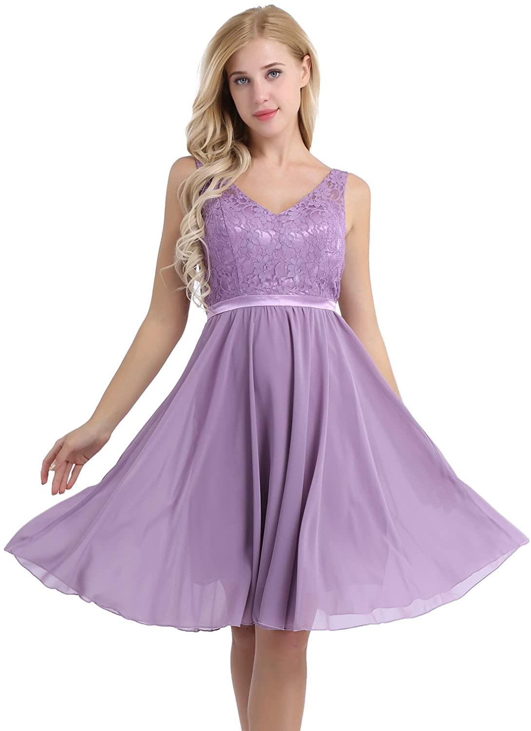 Price:$23.95 moily Women's Chiffon Sleeveless V Neck Embroidered Floral Lace Elegant Bridesmaid Dress at Amazon Women’s Clothing store