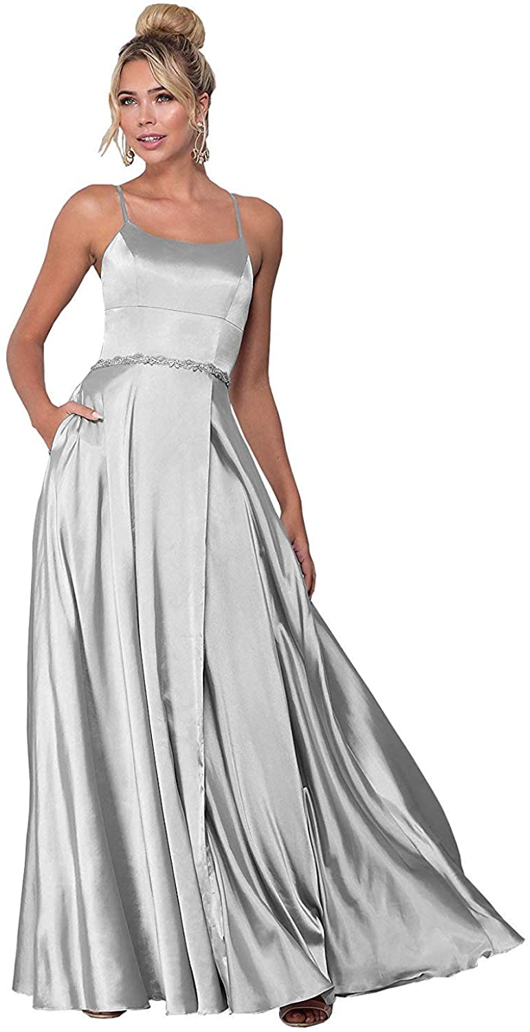 Price:$99.99    Women's Beaded Halter Satin Prom Dress Long Evening Party Gown with Pockets Sliver US 26 Plus  Clothing