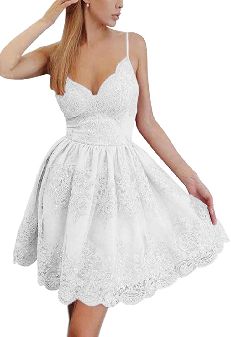 Price:$0.00    Varidress A-Line Spaghetti Straps V-Neck Lace Short Homecoming Dresses  Clothing