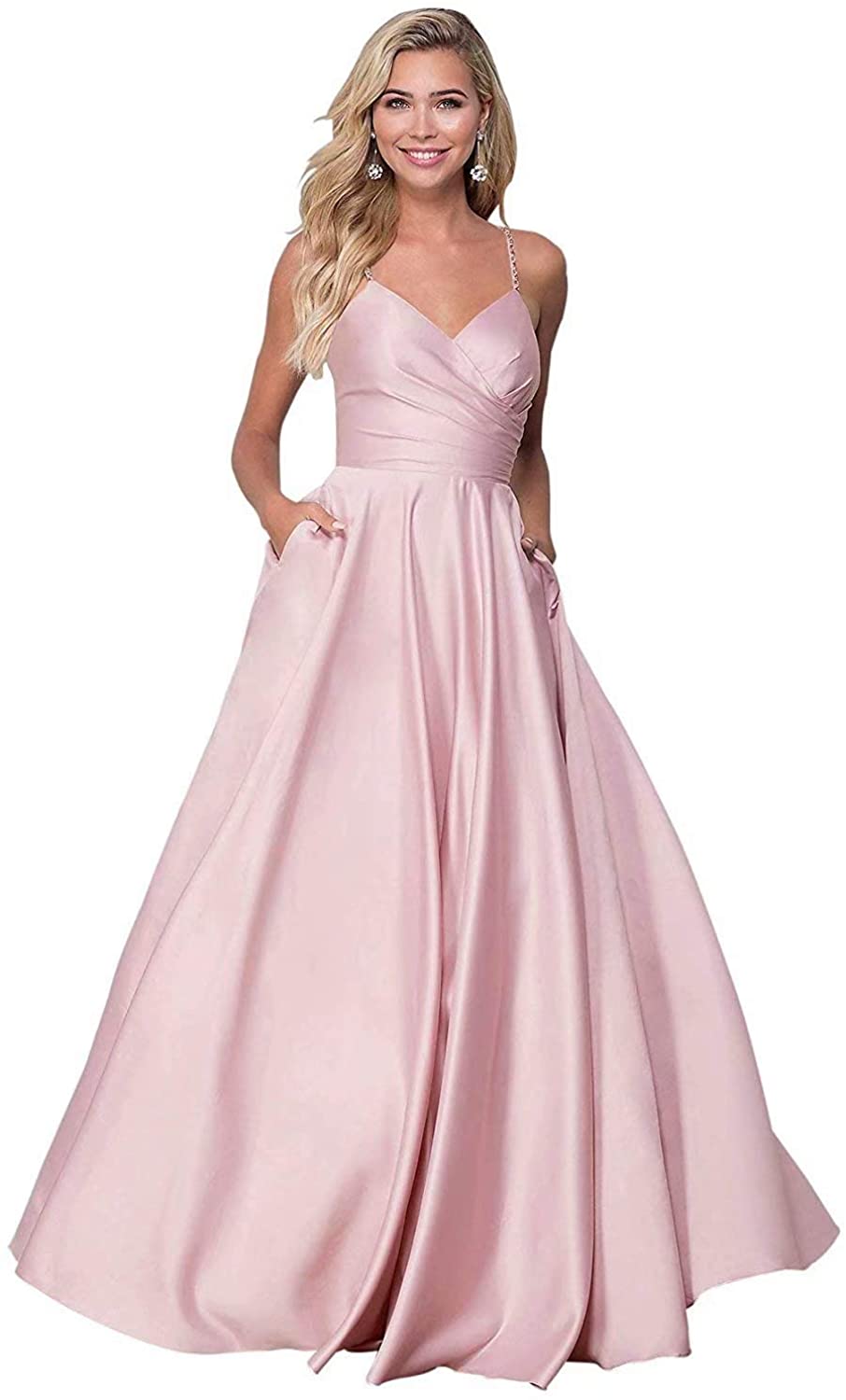Price:$29.99 FNKS V Neck Prom Dress Strap Satin Long Evening Party Gowns With Pockets at Amazon Women’s Clothing store