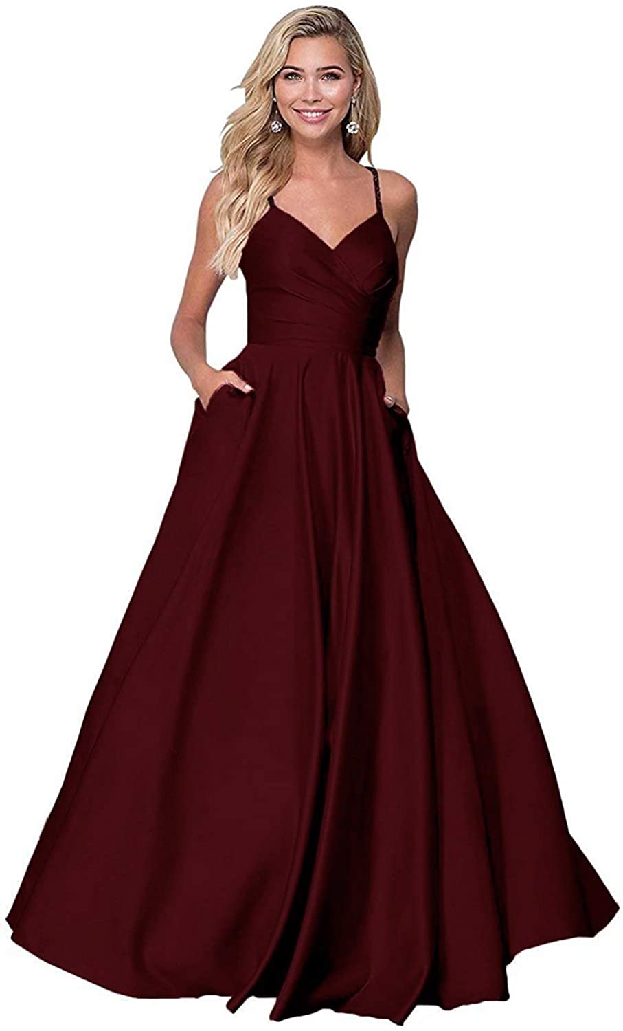Price:$29.99 FNKS V Neck Prom Dress Strap Satin Long Evening Party Gowns With Pockets at Amazon Women’s Clothing store