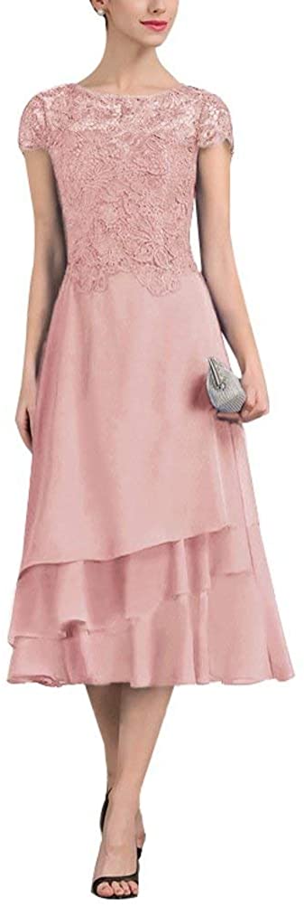 Price:$78.89 PearlBridal Women's A-Line Chiffon Lace Mother of The Bride Dresses Cap Sleeves Tea Length Evening Formal Dress at Amazon Women’s Clothing store