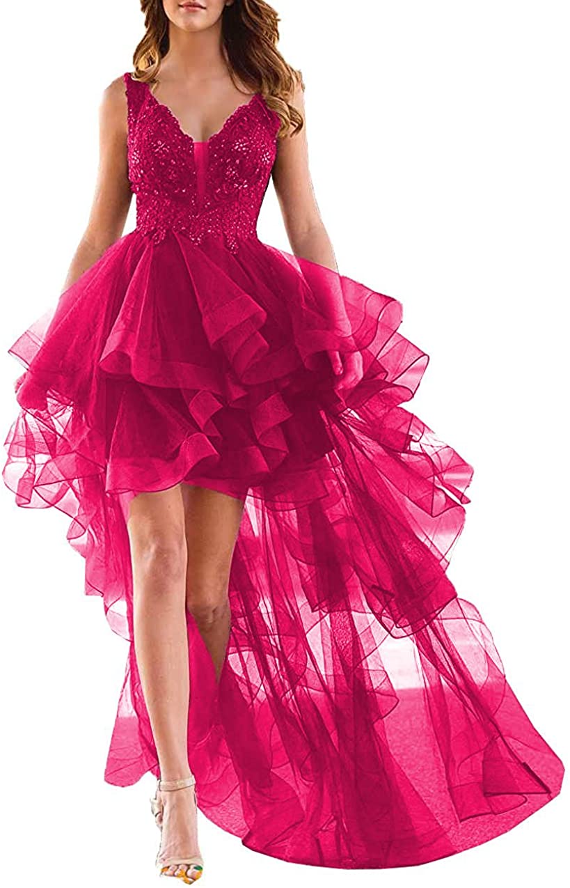 Price:$89.00    Aurora Bridal Women's Tulle High Low Prom Dress Evening Gowns A008 2 Fuchsia  Clothing