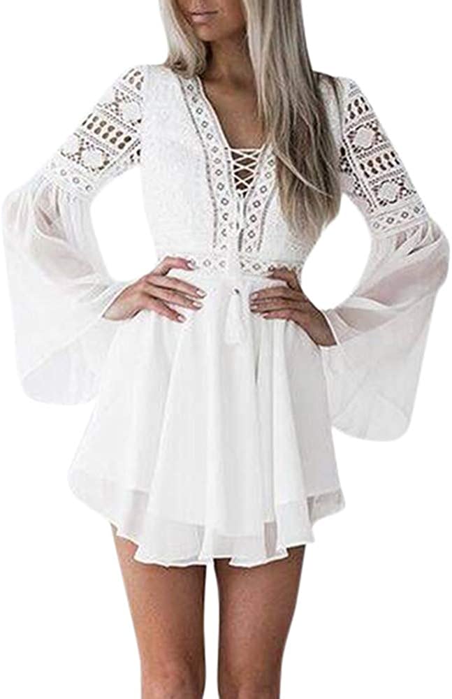 Price:$13.79    Women Lace Bell Long Sleeve V Neck Hollow Out Crisscross Ruffles Hem Cocktail Mini Dress (S, White)  Clothing