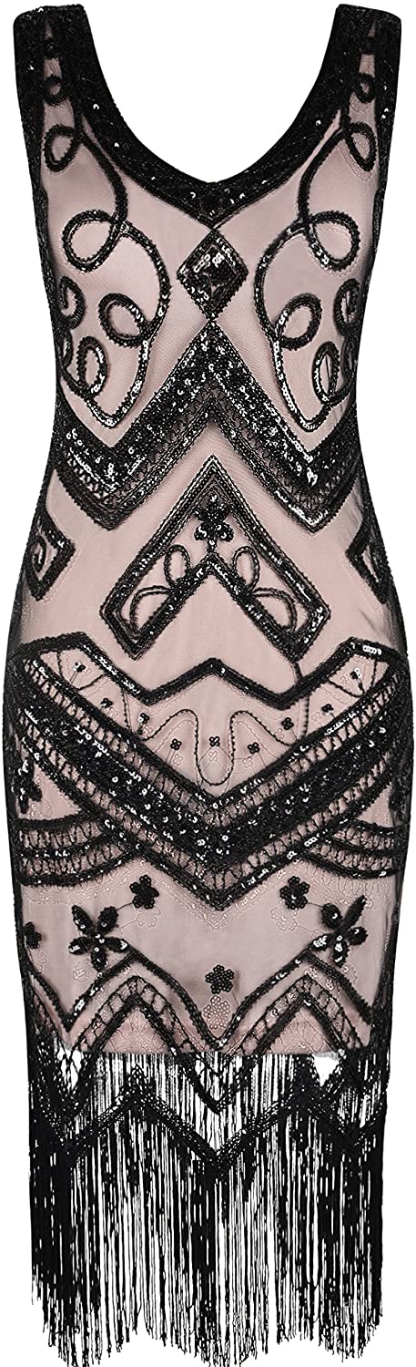 Price:$27.99    PrettyGuide Women's Flapper Dress 20s Sequin Fringed Gatsby Dress M Black Beige  Clothing