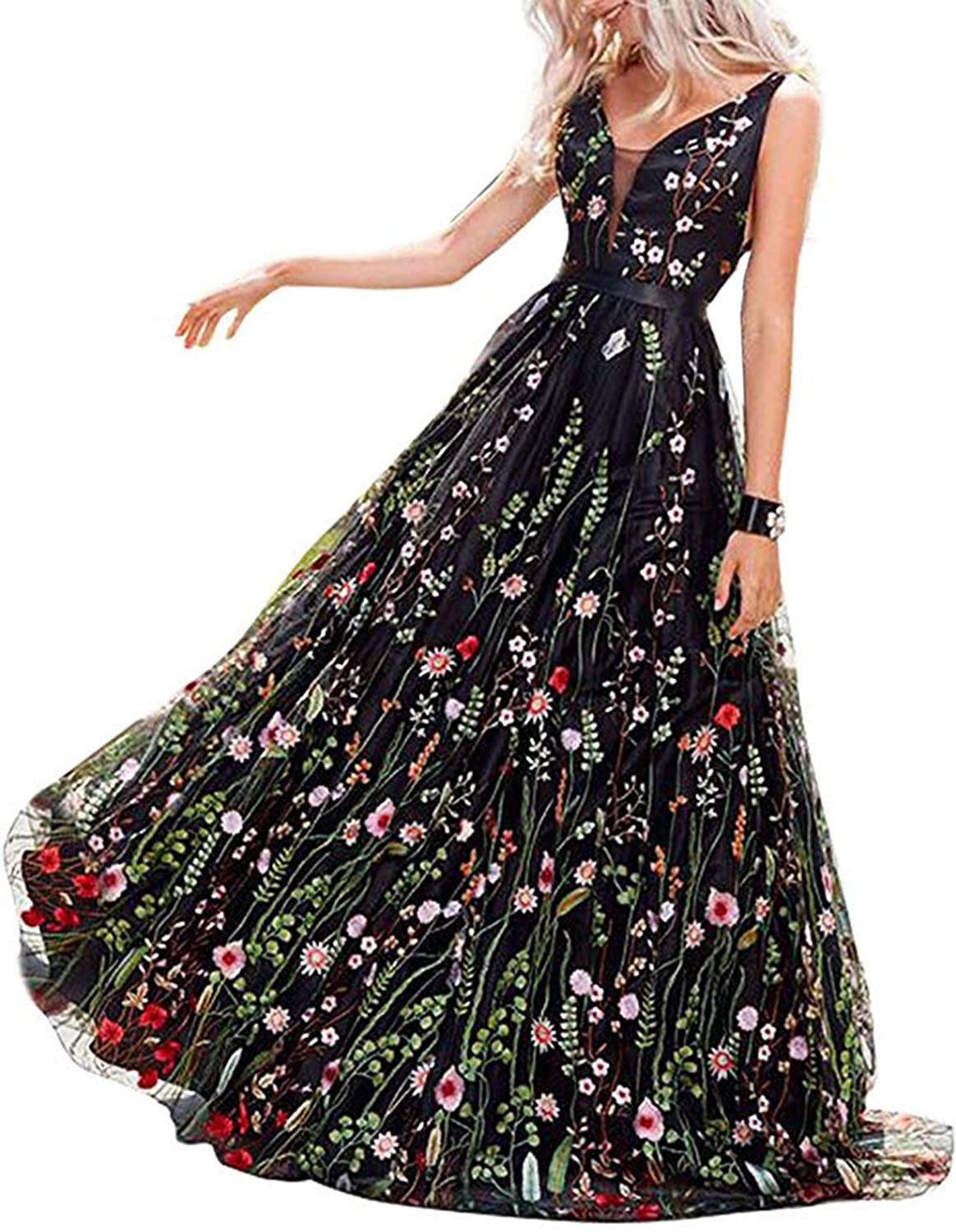 Price:$69.99    LINDO NOIVA Women's 3D Embroidered Floral Prom Dresses Backless Formal Evening Gown L086  Clothing