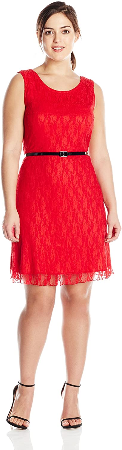 Price:$37.69    Star Vixen Women's Plus-Size Sleeveless Lace Skater Dress with Black Belt  Clothing