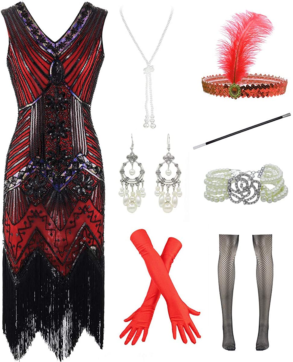Price:$45.90 1920s Vintage Sequin Embellished Fringe Gatsby Flapper Dress w/Accessories Set at Amazon Women’s Clothing store