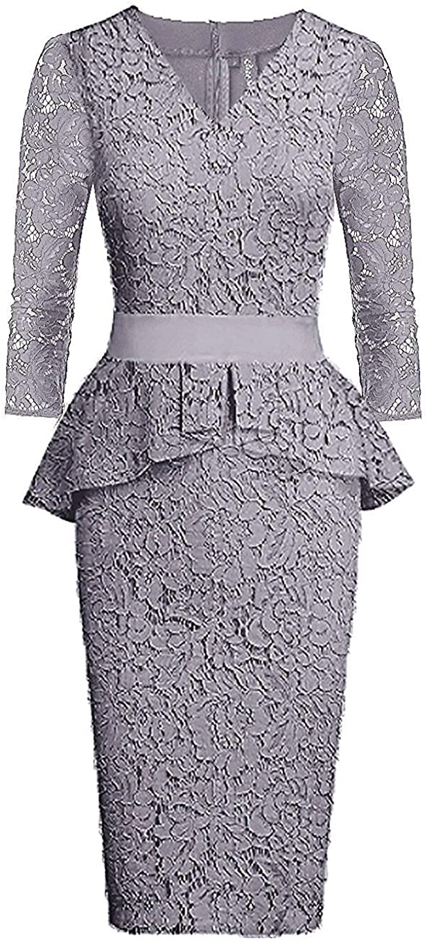 Price:$34.90    Women's Dresses Lace Peplum 3 Quarters Long Sleeve Crew Neck Midi Gown Silver US18W  Clothing