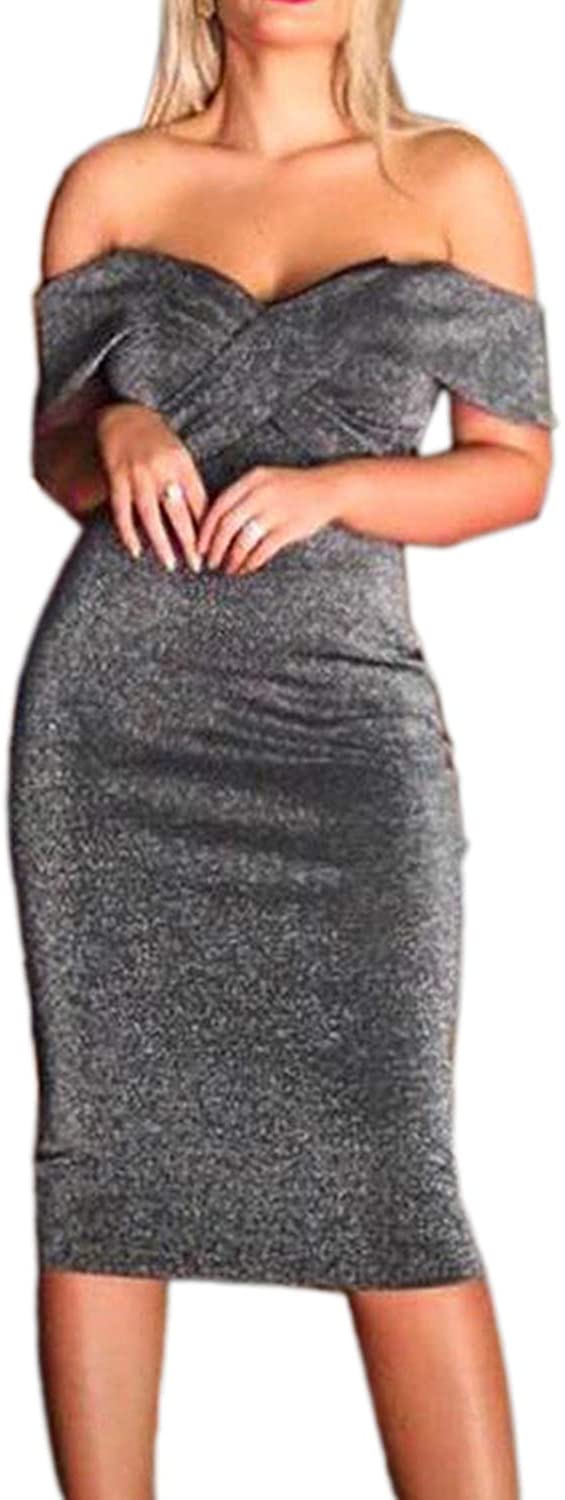 Price:$8.99 Suvimuga Women Bodycon Cocktail Dress Off The Shoulder Evening Party Midi Dresses at Amazon Women’s Clothing store