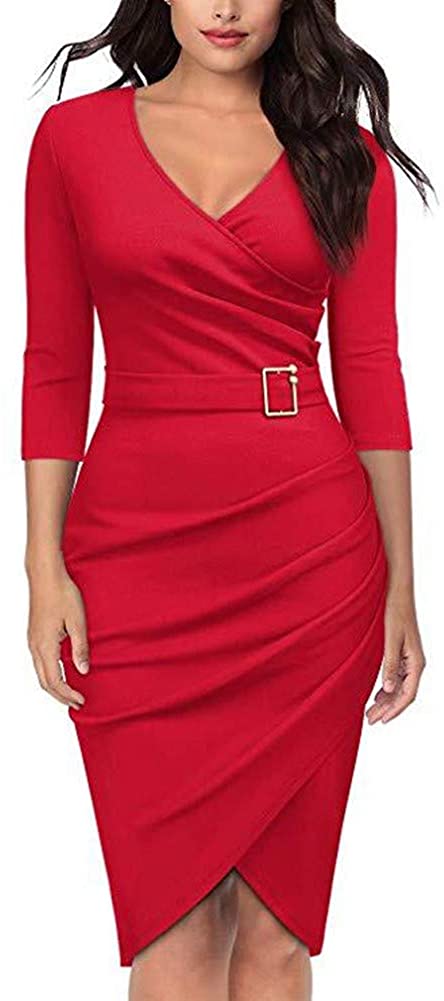 Price:$22.98 JOSUSY Womens Sexy 3/4 Sleeve V Neck Ruched Bodycon Cocktail Party Midi Dress at Amazon Women’s Clothing store