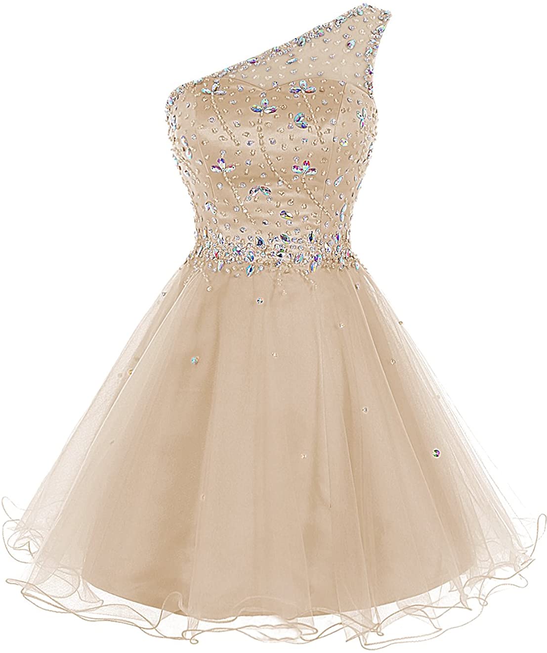 Price:$39.99    Bbonlinedress Women's Short Tulle Homecoming Dress One-Shoulder Beaded Cocktail Prom Party Dress  Clothing