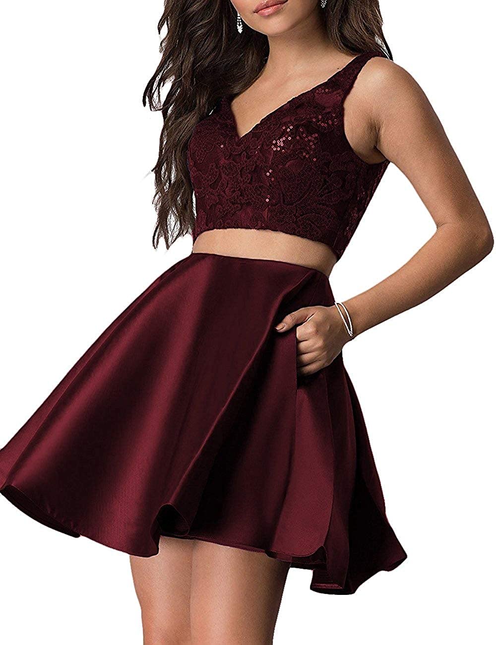 Price:$55.00    HofnDolce Women's V-Neck Two Piece Homecoming Dresses Sequin Short with Pockets Prom Gowns Burgundy 6  Clothing