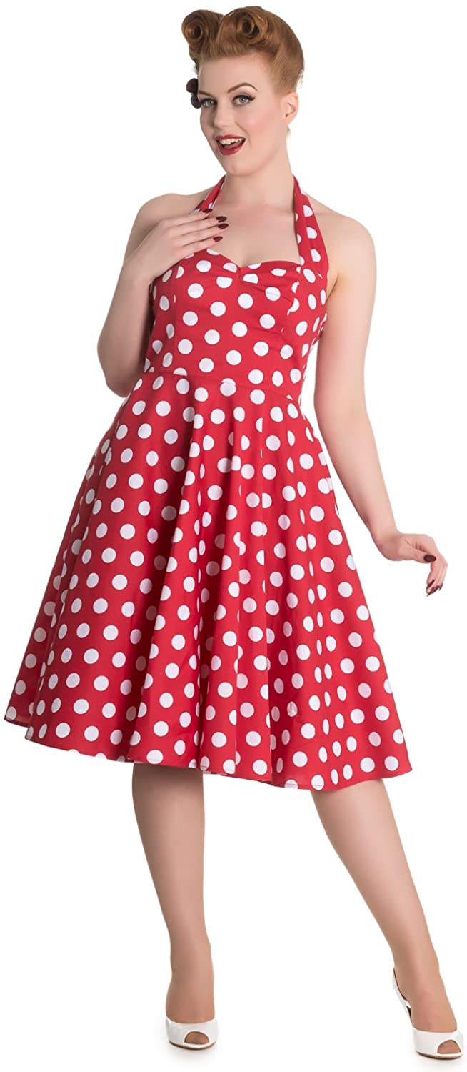 Price:$80.00    Hell Bunny 60's Red and White Dots Romance Halter Flare Party Dress  Clothing