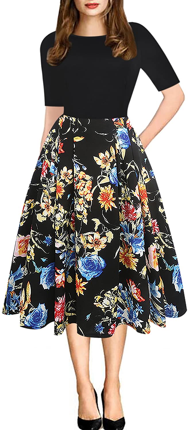Price:$27.99 Sakaly Women Short Sleeve 1950s Retro Patchwork Cocktail Party Swing Dresses with Pockets SK165 (XL, Black+ Multi Floral) at Amazon Women’s Clothing store