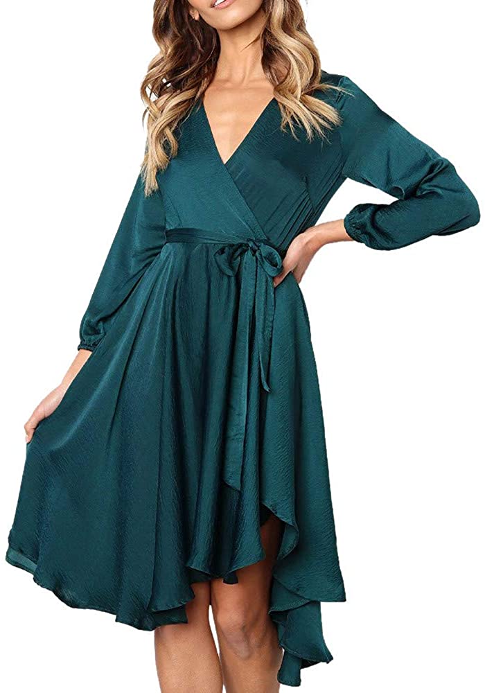 Price:$15.53 Jan STORE Lomo Knee Length Satin Wrap Dresses for Women Hi Low Long Sleeve with Belt at Amazon Women’s Clothing store