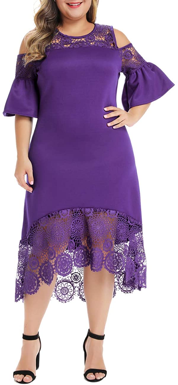 Price:$29.99 LALAGEN Womens Plus Size Lace Cold Shoulder Flare Cocktail Party Midi Dress at Amazon Women’s Clothing store