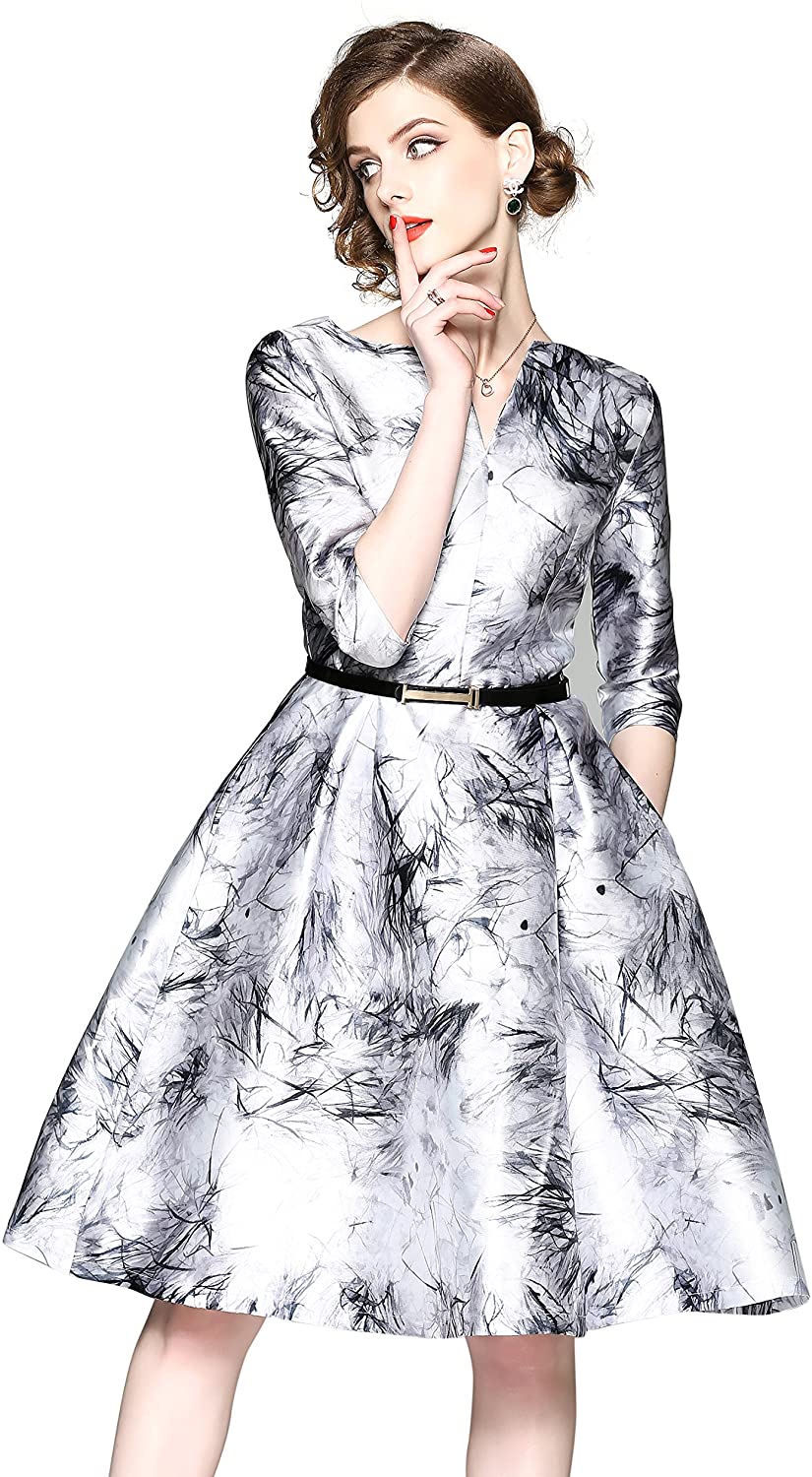 Price:$42.98 LAI MENG FIVE CATS Womens Round Neck Floral Print A-line and Flare Cocktail Party Prom Belt Dress at Amazon Women’s Clothing store
