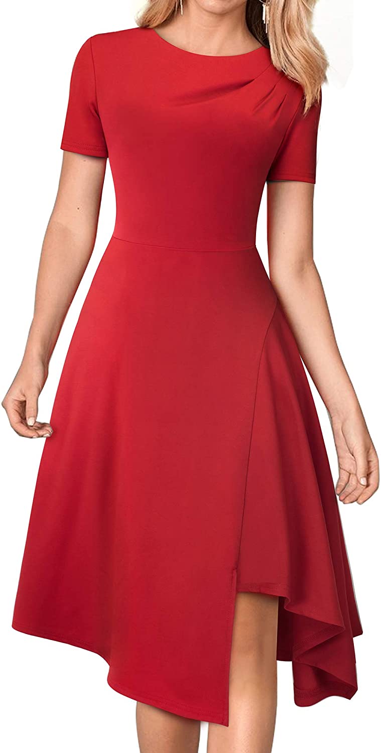 Price:$27.99 HOMEYEE Women's Short Sleeve Irregular Hem Midi Flare Dress A118(4, Red) at Amazon Women’s Clothing store
